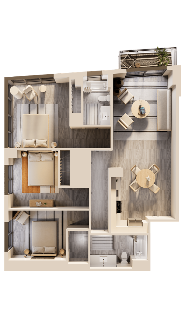 A 3D rendered image of a modern apartment layout.